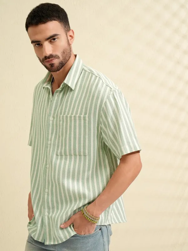 Locomotive Men Green Striped Oversized Fit Casual Shirt