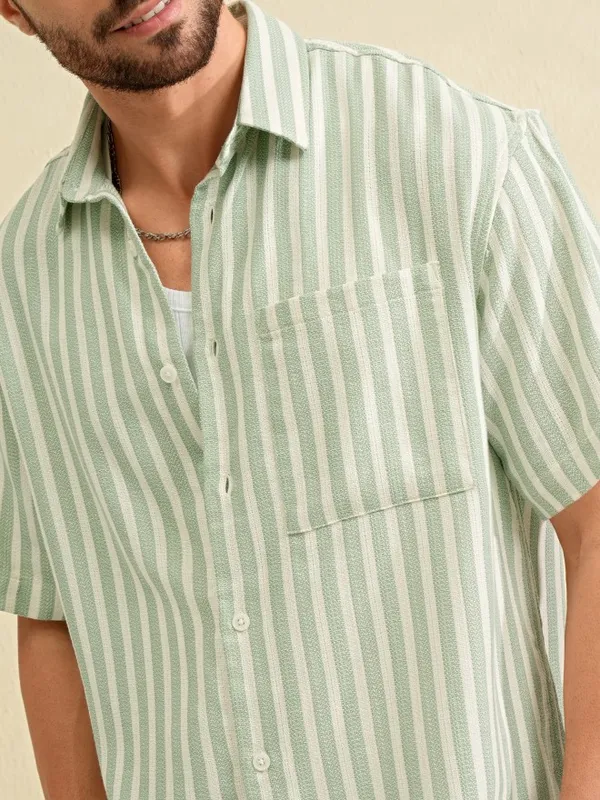 Locomotive Men Green Striped Oversized Fit Casual Shirt