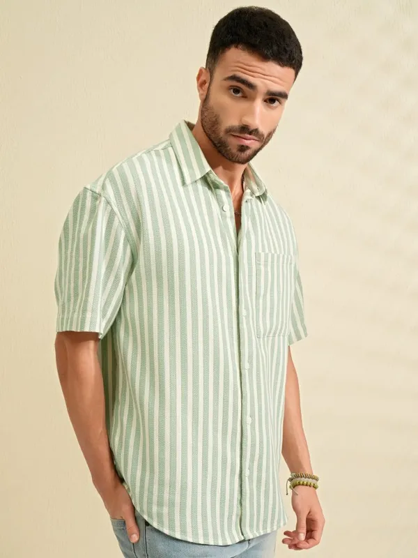 Locomotive Men Green Striped Oversized Fit Casual Shirt