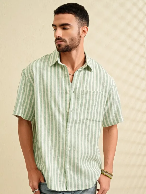 Locomotive Men Green Striped Oversized Fit Casual Shirt