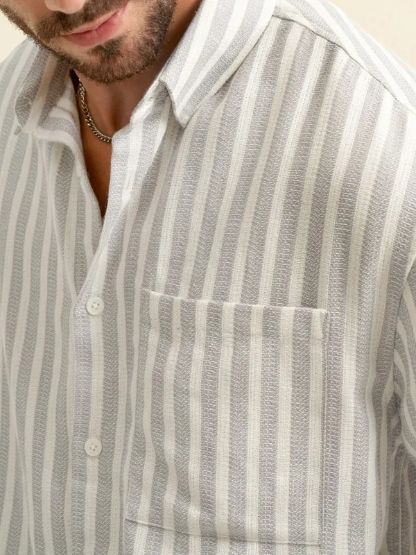 Locomotive Men Grey Striped Oversized Fit Casual Shirt