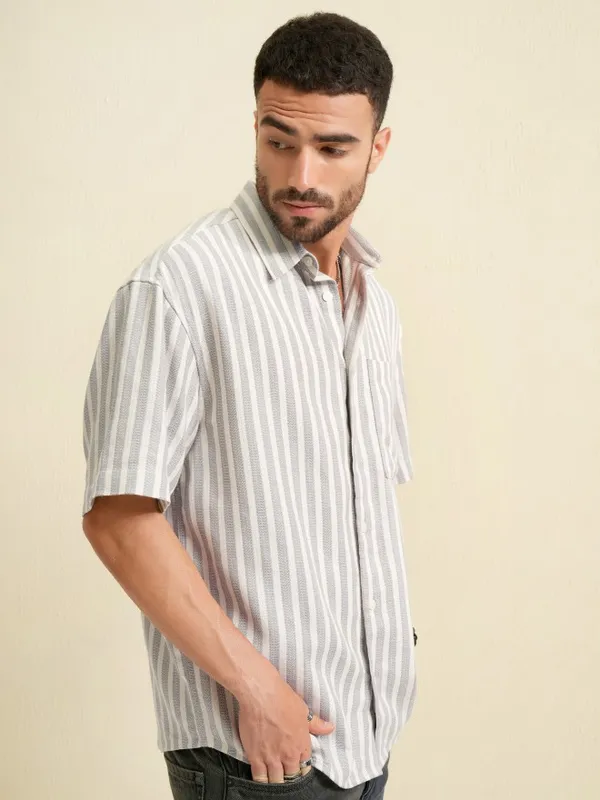 Locomotive Men Grey Striped Oversized Fit Casual Shirt
