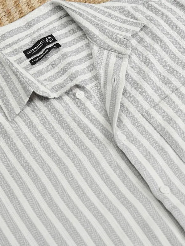 Locomotive Men Grey Striped Oversized Fit Casual Shirt