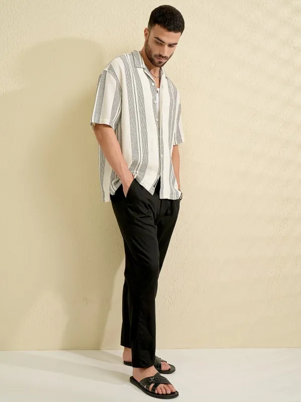 Locomotive Men Cream Striped Oversized Fit Casual Shirt