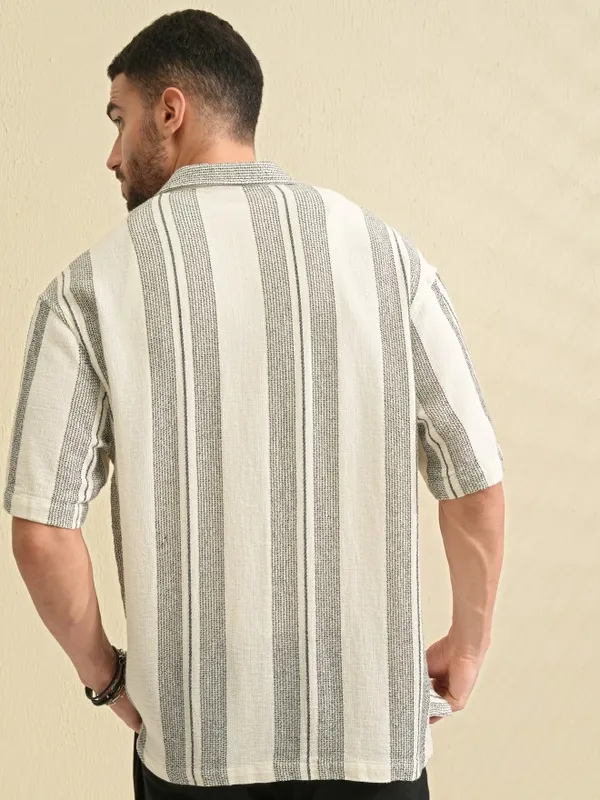Locomotive Men Cream Striped Oversized Fit Casual Shirt