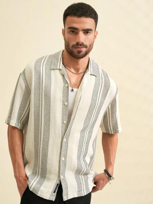 Locomotive Men Cream Striped Oversized Fit Casual Shirt
