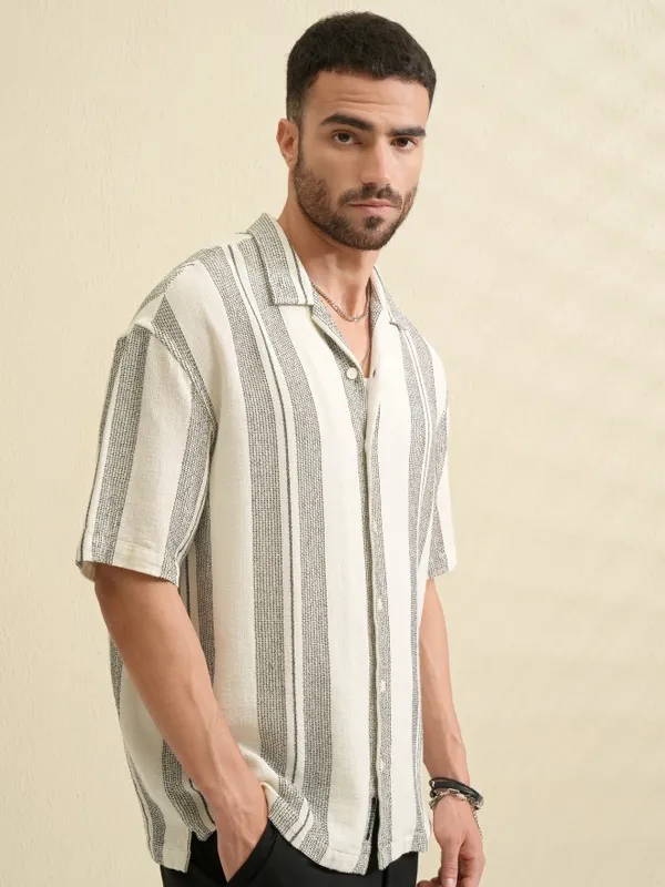 Locomotive Men Cream Striped Oversized Fit Casual Shirt