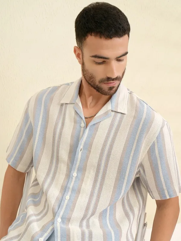 Locomotive Men Blue Striped Oversized Fit Casual Shirt