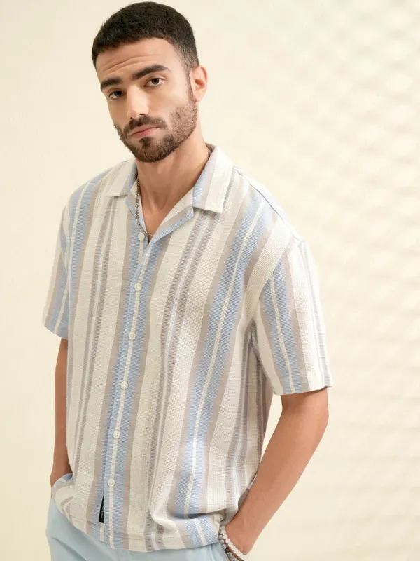 Locomotive Men Blue Striped Oversized Fit Casual Shirt