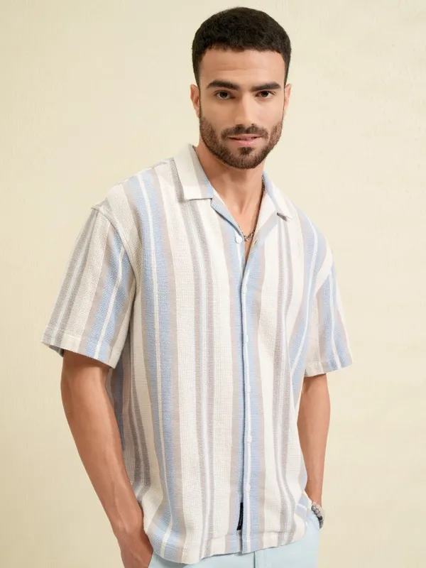Locomotive Men Blue Striped Oversized Fit Casual Shirt