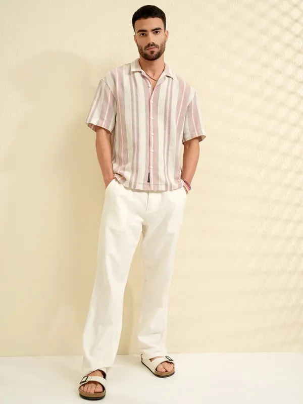 Locomotive Men Pink Striped Oversized Fit Casual Shirt