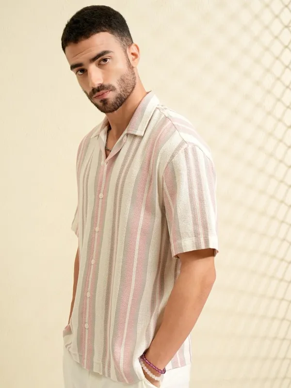 Locomotive Men Pink Striped Oversized Fit Casual Shirt