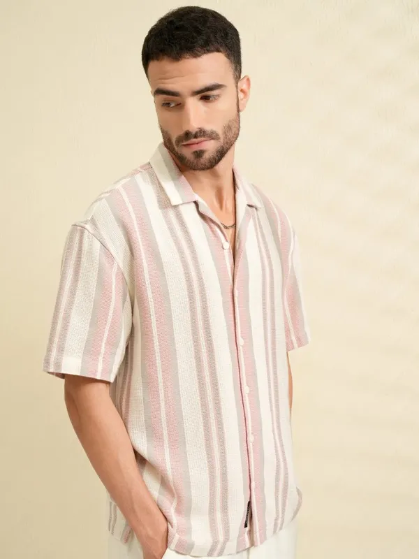 Locomotive Men Pink Striped Oversized Fit Casual Shirt