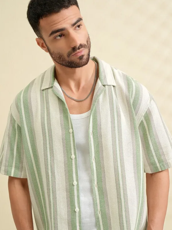 Locomotive Men Green Striped Oversized Fit Casual Shirt