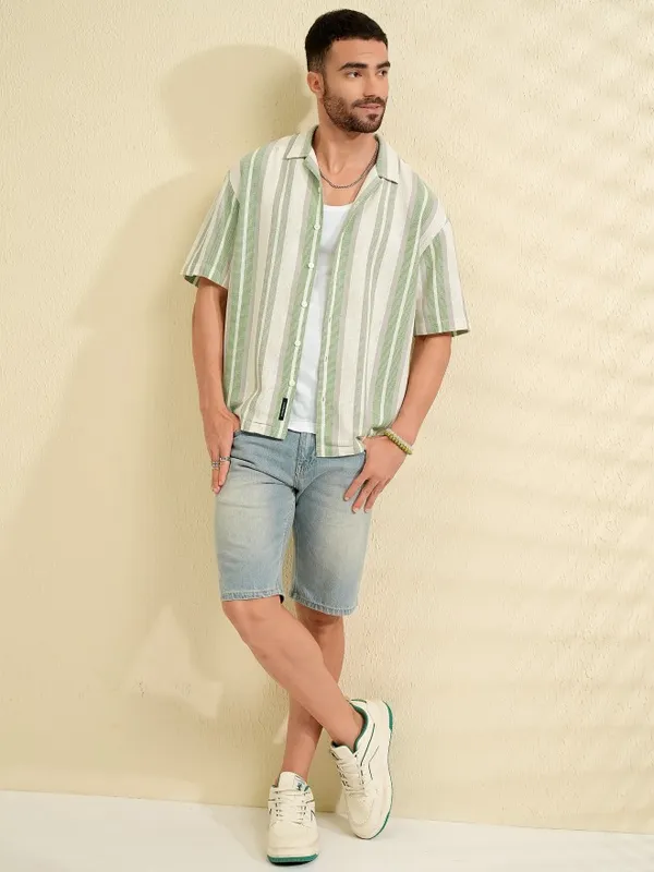 Locomotive Men Green Striped Oversized Fit Casual Shirt