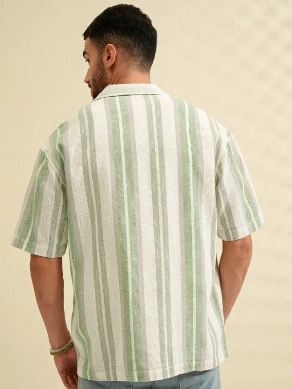Locomotive Men Green Striped Oversized Fit Casual Shirt
