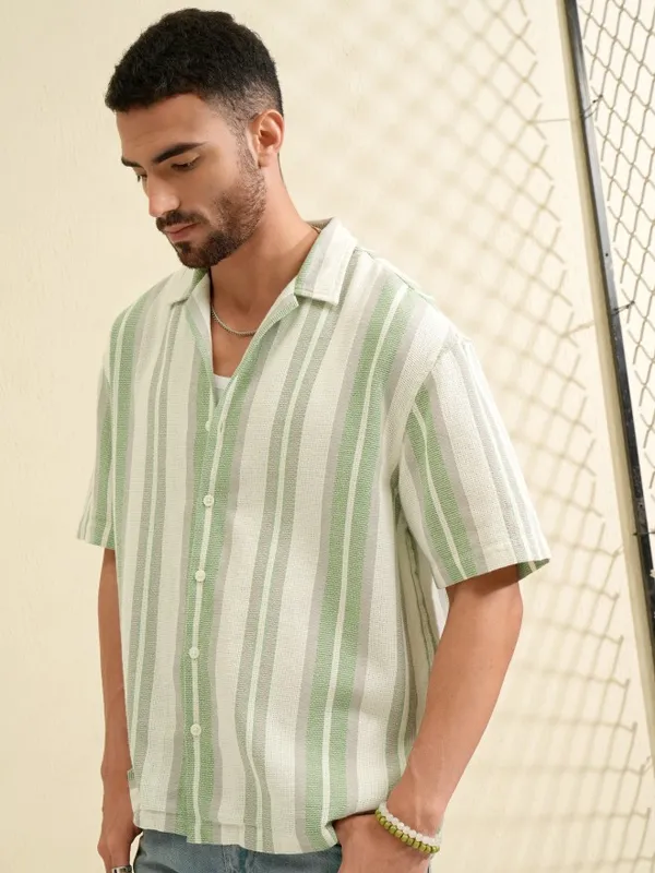 Locomotive Men Green Striped Oversized Fit Casual Shirt