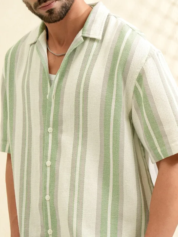 Locomotive Men Green Striped Oversized Fit Casual Shirt