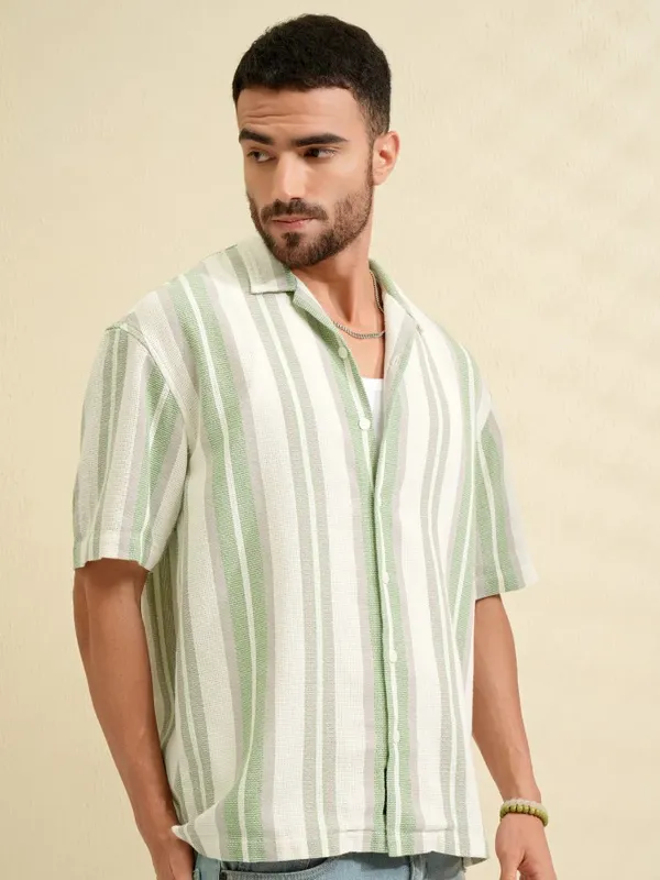 Locomotive Men Green Striped Oversized Fit Casual Shirt