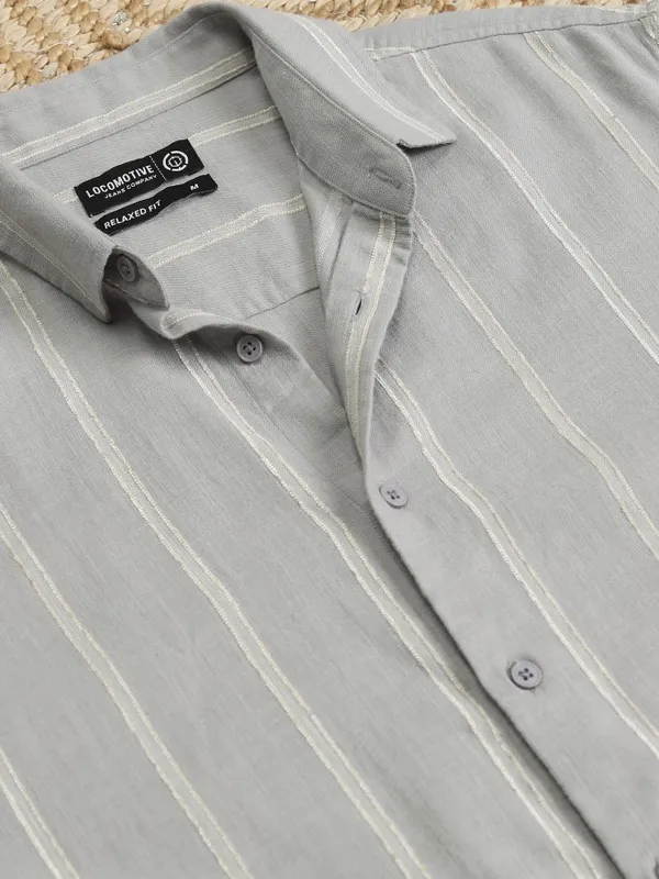 Locomotive Men Grey Striped Relaxed Fit Casual Shirt