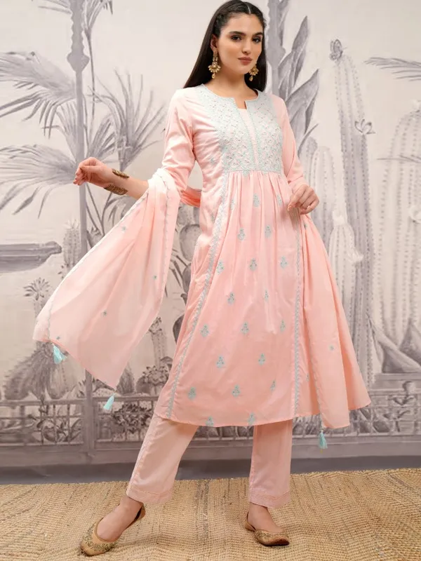 Vishudh Women Peach Embroidered Kurta With Trouser And Dupatta