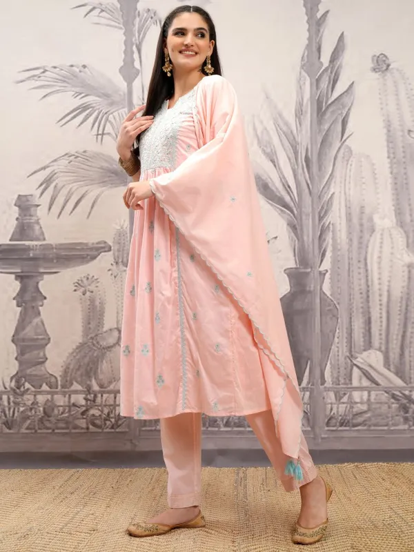 Vishudh Women Peach Embroidered Kurta With Trouser And Dupatta