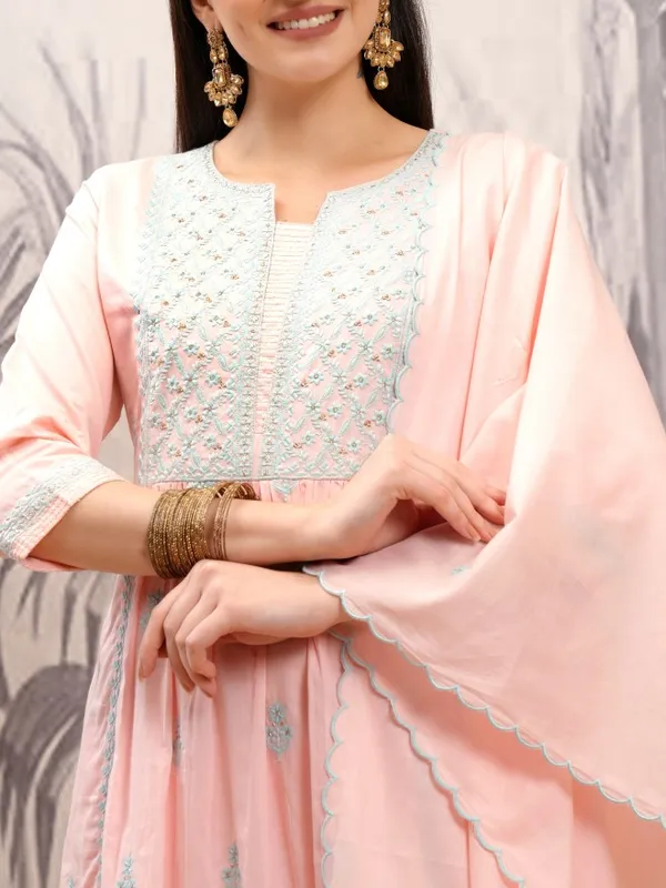 Vishudh Women Peach Embroidered Kurta With Trouser And Dupatta