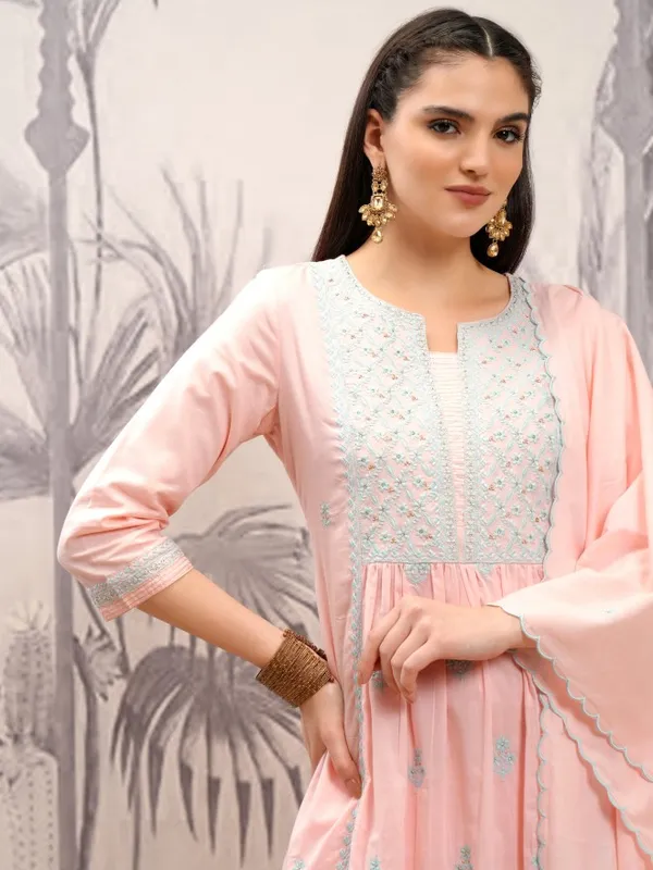 Vishudh Women Peach Embroidered Kurta With Trouser And Dupatta
