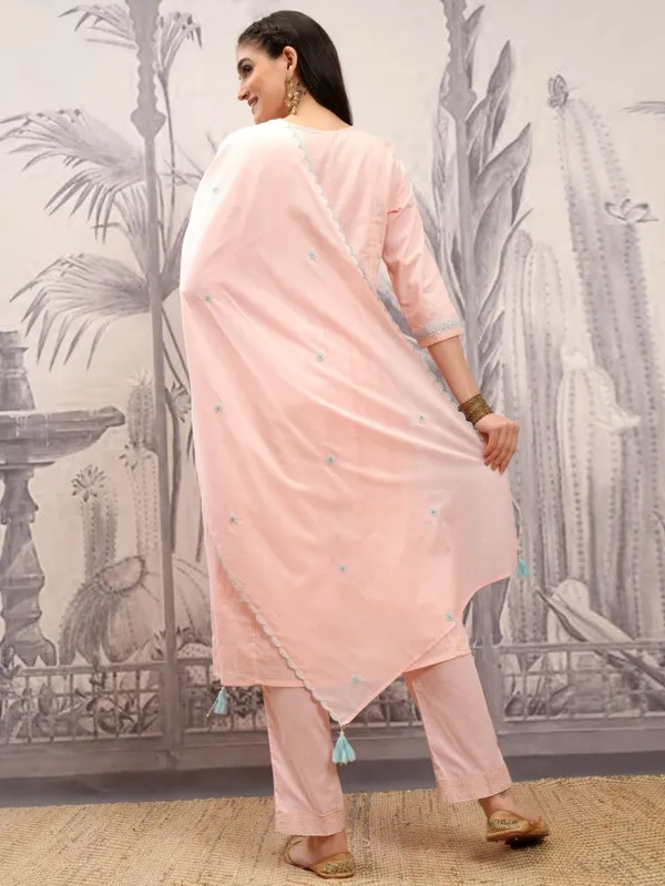 Vishudh Women Peach Embroidered Kurta With Trouser And Dupatta