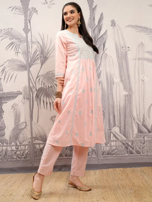 Vishudh Women Peach Embroidered Kurta With Trouser And Dupatta