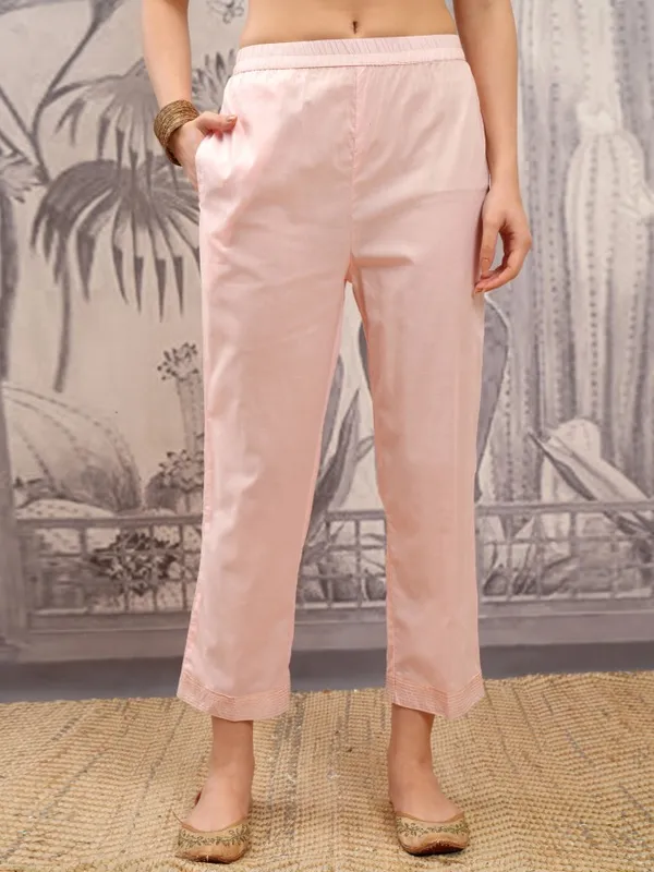 Vishudh Women Peach Embroidered Kurta With Trouser And Dupatta