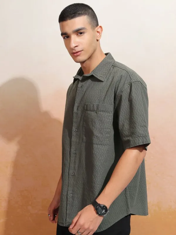 Highlander Men Olive Printed Oversized Fit Casual Shirt