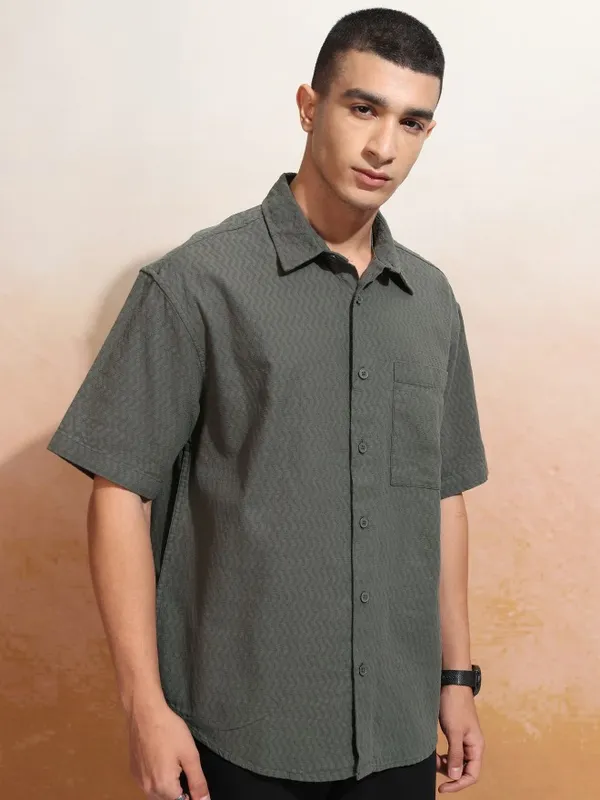 Highlander Men Olive Printed Oversized Fit Casual Shirt