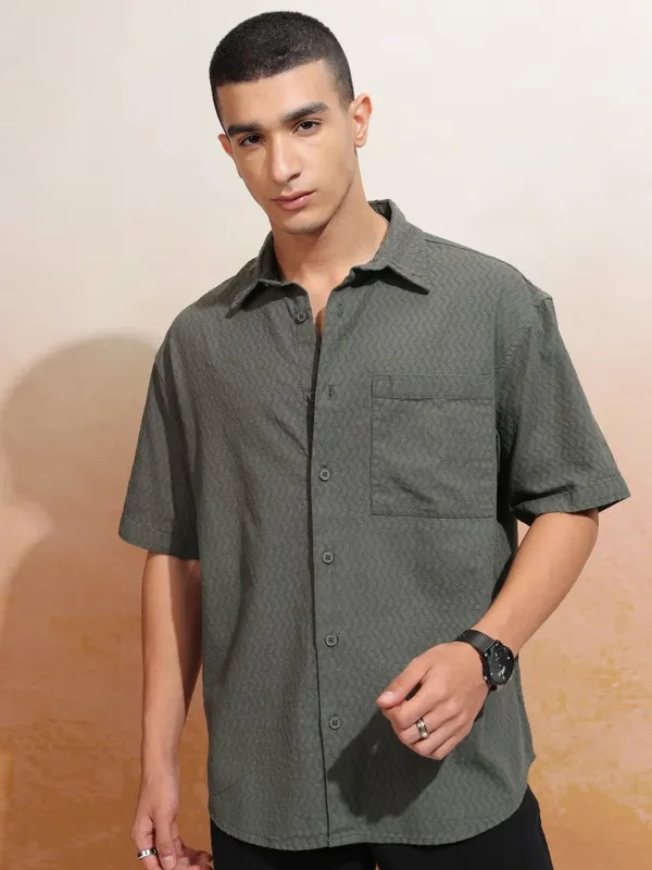 Highlander Men Olive Printed Oversized Fit Casual Shirt