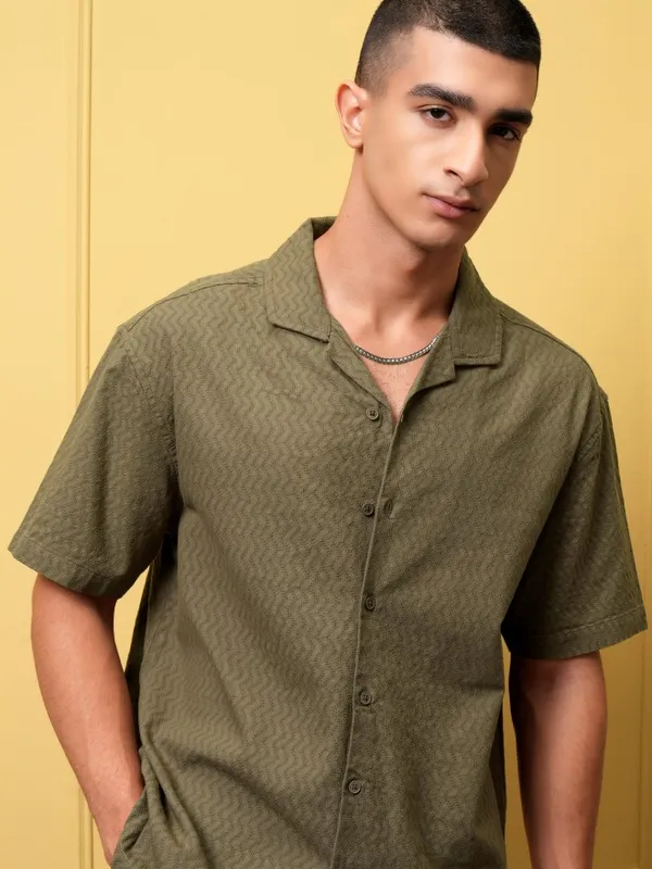 Highlander Men Olive Self Design Relaxed Fit Casual Shirt