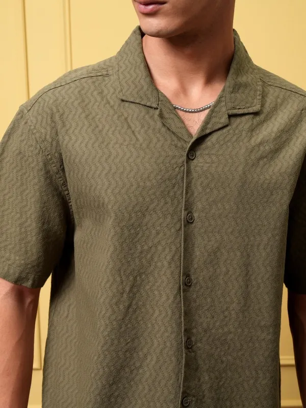 Highlander Men Olive Self Design Relaxed Fit Casual Shirt