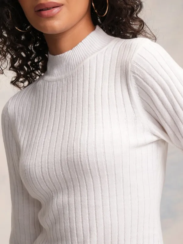 Tokyo Talkies Women White Knitted Round Neck Sweater