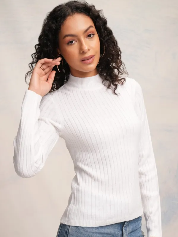 Tokyo Talkies Women White Knitted Round Neck Sweater