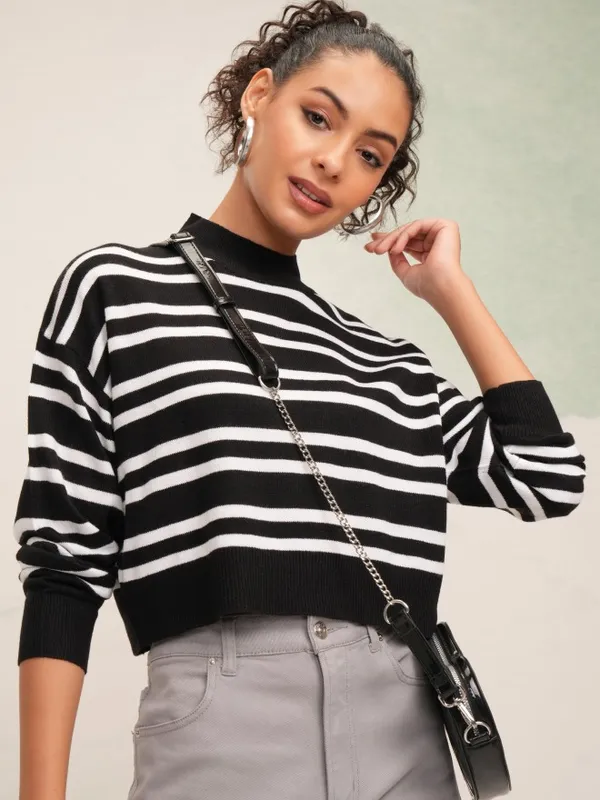 Tokyo Talkies Women Black High Neck Sweater