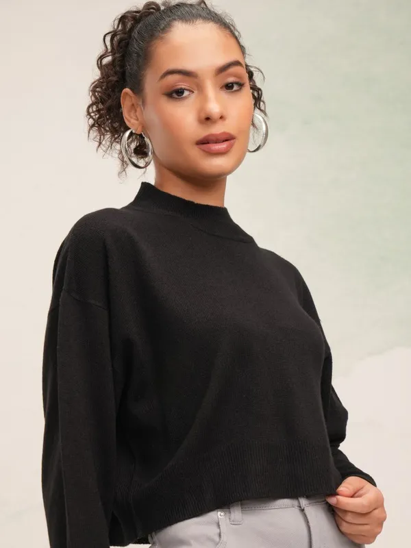 Tokyo Talkies Women Black High Neck Sweater