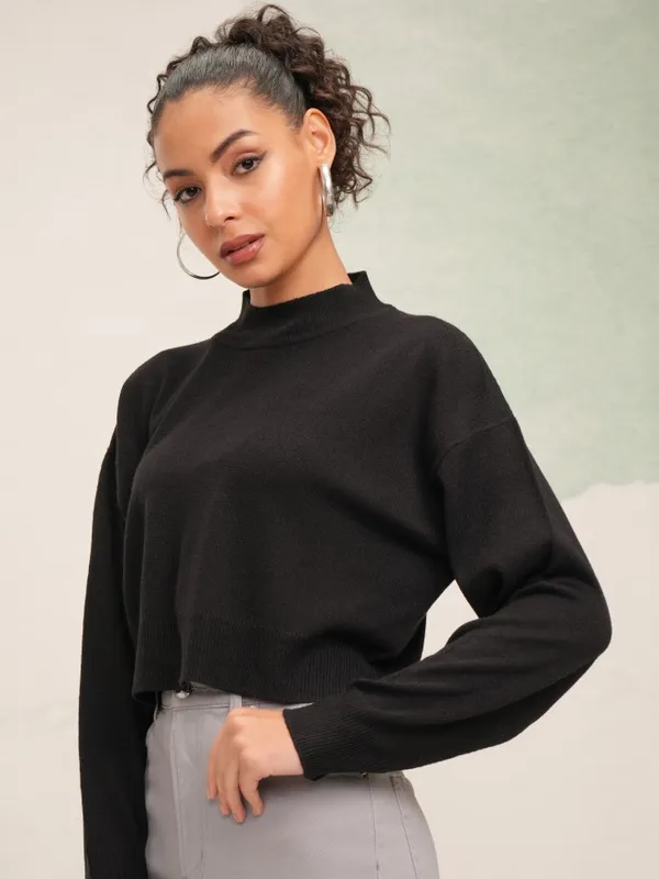 Tokyo Talkies Women Black High Neck Sweater