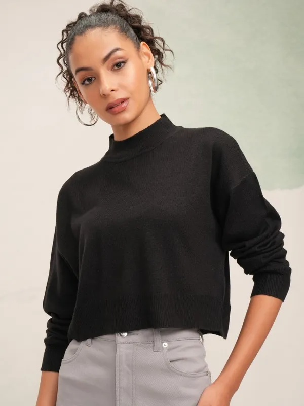 Tokyo Talkies Women Black High Neck Sweater