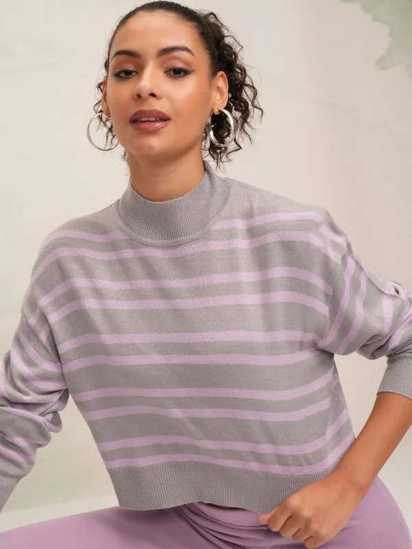 Tokyo Talkies Women Grey High Neck Sweater