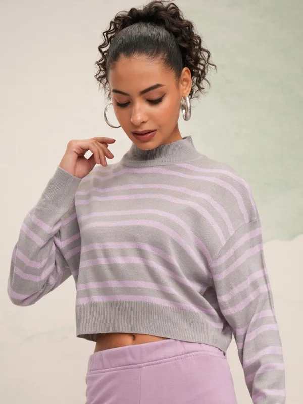 Tokyo Talkies Women Grey High Neck Sweater