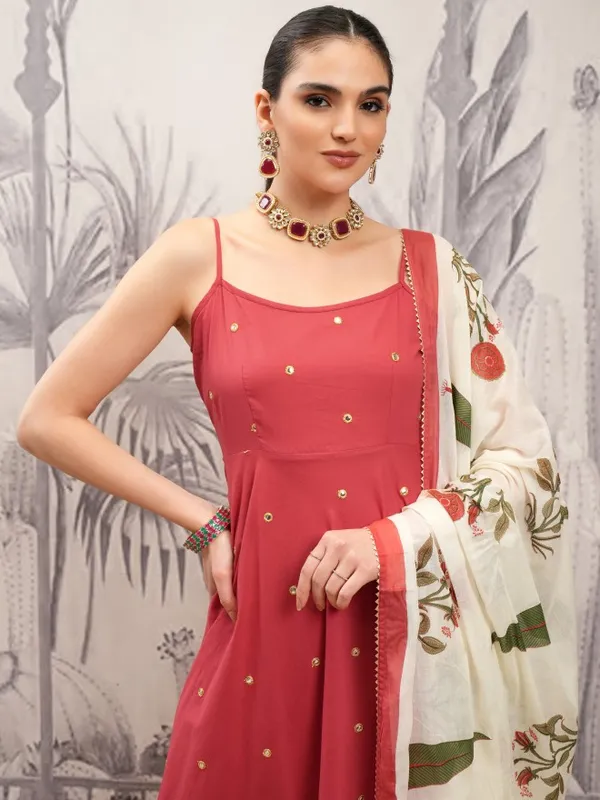 Vishudh Women Rust Printed Kurta With Trousers And Dupatta