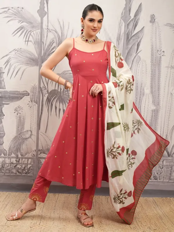Vishudh Women Rust Printed Kurta With Trousers And Dupatta