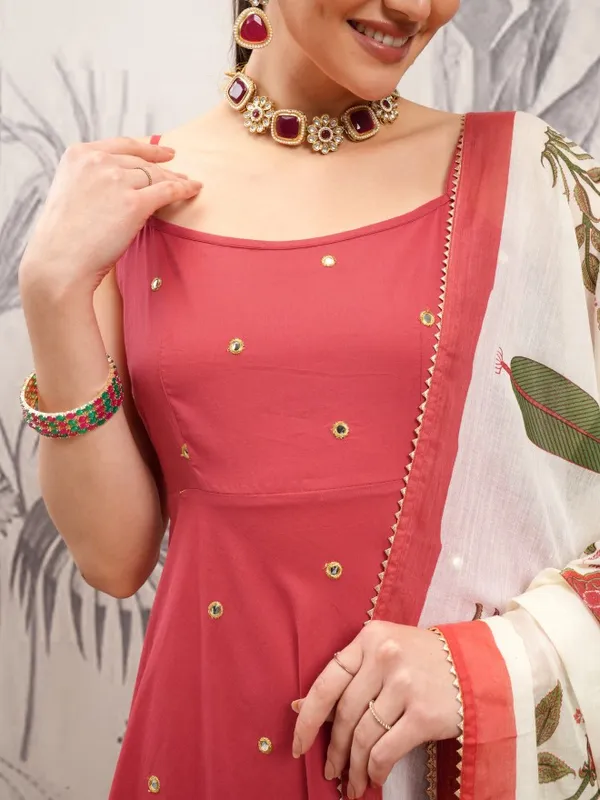 Vishudh Women Rust Printed Kurta With Trousers And Dupatta