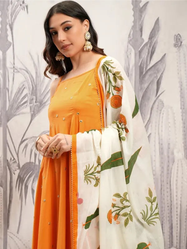 Vishudh Women Orange Printed Kurta With Trousers And Dupatta