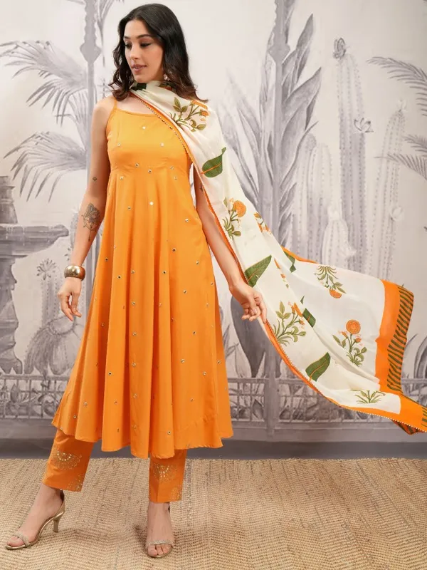 Vishudh Women Orange Printed Kurta With Trousers And Dupatta