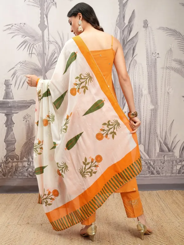 Vishudh Women Orange Printed Kurta With Trousers And Dupatta